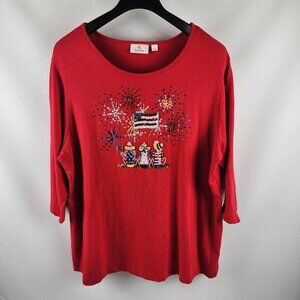 Quaker Factory Shirt Womens 2X Red Multi Novelty Tunic USA Theme 3/4 Sleeve
